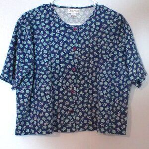 Laura Tyler Blue Floral Button Front Top Women’s Large Short Sleeve Cotton Blend